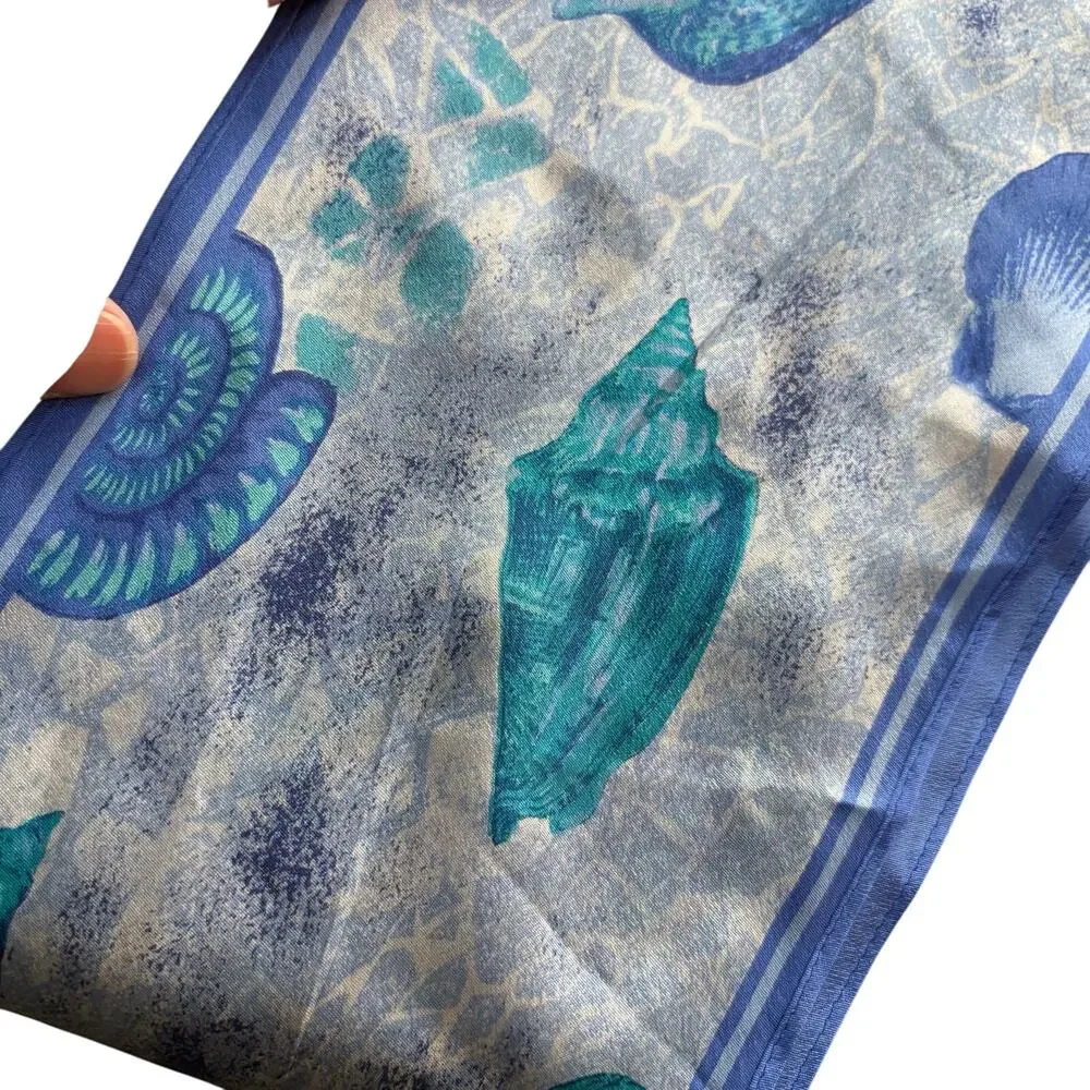 Vintage 80s Liz Claiborne blue silk scarf with pointy ends seashells beach theme